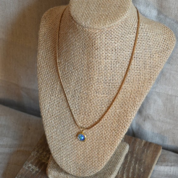 Gold Plated Necklace w/Vintage Chain & Glass Cabochon Setting - Picture 2 of 2